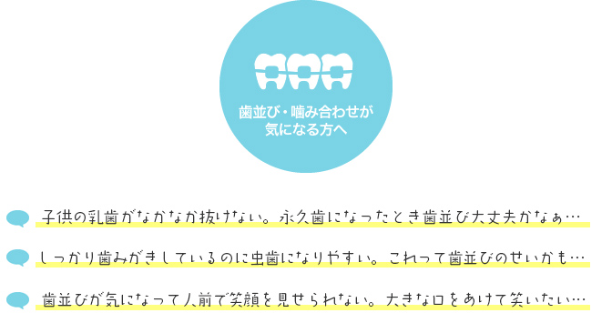 歯並び・噛み合わせが気になる方へ　■子供の乳歯がなかなか抜けない。永久歯になったとき歯並び大丈夫かなぁ…　■しっかり歯みがきしているのに虫歯になりやすい。これって歯並びのせいかも…　■歯並びが気になって人前で笑顔を見せられない。大きな口をあけて笑いたい…